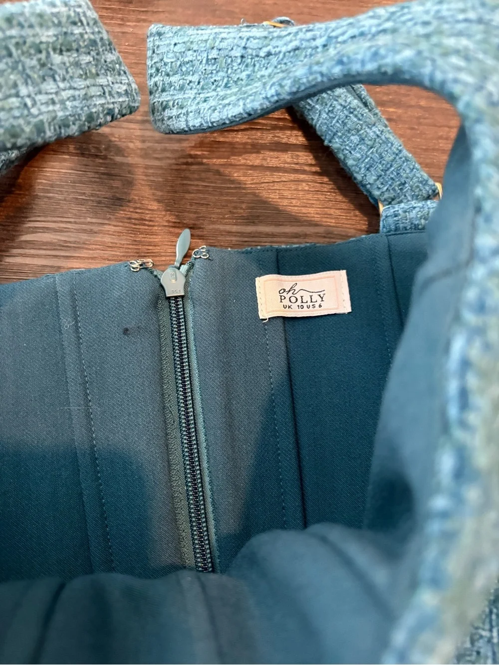 Oh Polly Teal Tweed Corset Crop Top & Trousers Set - Picture 3 of 3